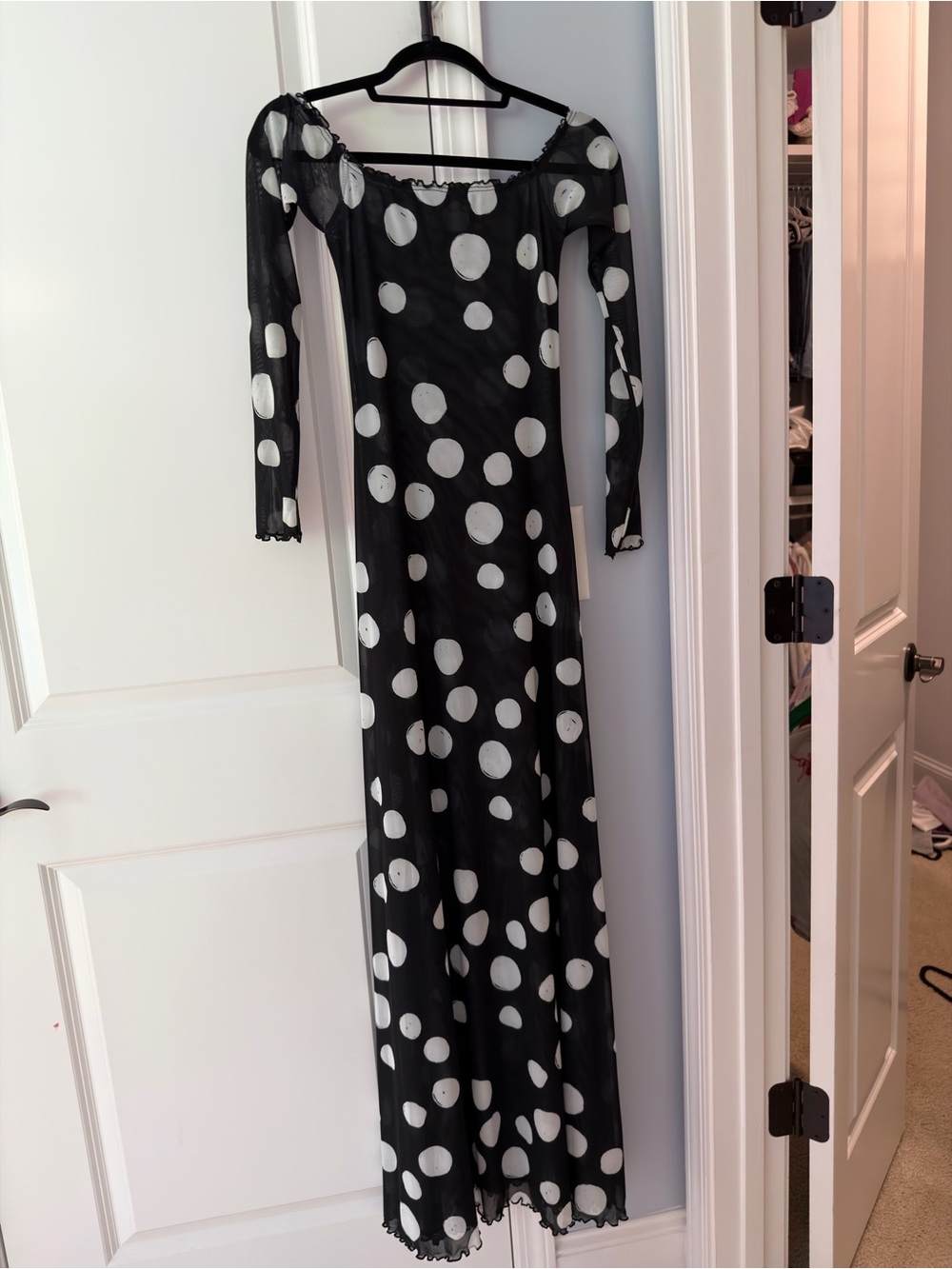 NBW - RESA Bardot in Vogue - Black and White Polka Dot Long Dress